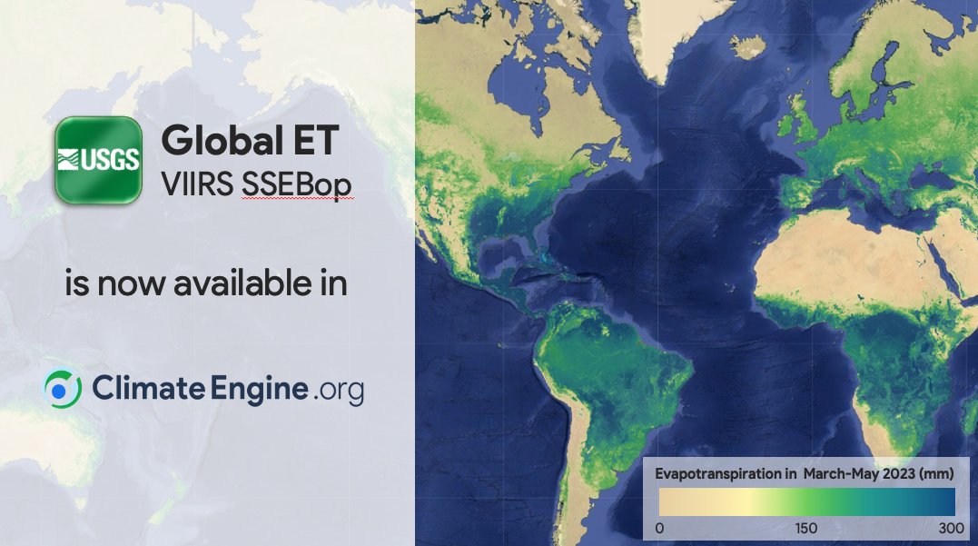 ClimateEngOrg's tweet photo. π¨ New dataset in Climate Engine π¨
Another day, another dataset π
We've added the new @USGS VIIRS Global Evapotranspiration (ETa) datasets, produced using SSEBop model
The datasets provide annual, monthly, and dekadal data for 2012-present in near real-time!
#RemoteSensing https://t.co/rXgDvjnl5M