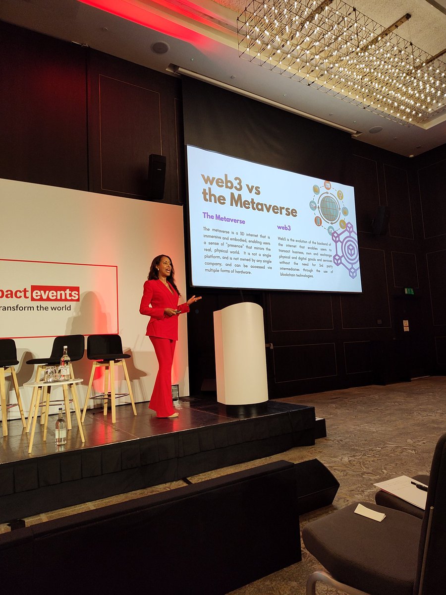 VeraGrablechner's tweet photo. With "The great convergence: how to successfully navigate #Web3, #AI and #metaverse technologies", Catherine Henry, Senior vice president of metaverse innovation strategy @MediaMonks provided a great overview of #EmergingTech at today's #EnterpriseMetaverseSummit by @TheEconomist https://t.co/bbnPWYR5Ds