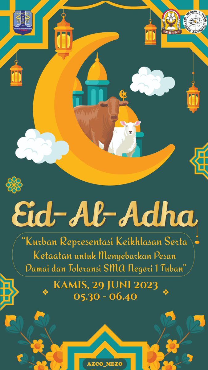 Sehelai bulu dari hewan kurban yang disembelih adalah kebaikan. Mari kita tebarkan kebaikan itu kepada yang lain di hari suci ini. Kami OSIS SMA Negeri 1 Tuban AZCO_MEZO, mengucapkan selamat Hari Raya Idul Adha 1444H. 🐫🌴