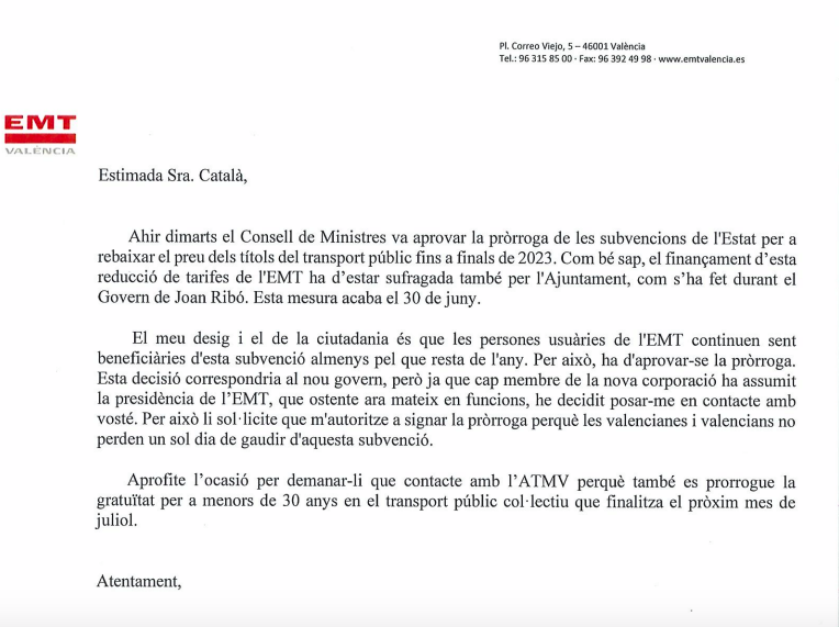 giuseppegrezzi's tweet photo. Este matí he remés una carta a @mjosecatala com a President en funció de l'EMT per a que m'autoritze a prorrogar els descomptes dels abonaments i la gratüitat per a menors de 30 anys almenys fins a final de l'any. https://t.co/Pl45EXQ6Uy