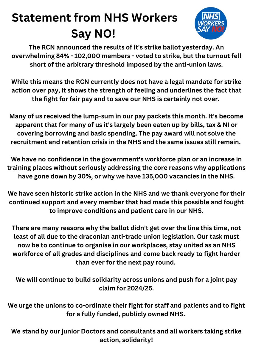 🚨 Statement from NHS Workers Say No! following the #RCN Ballot Results.