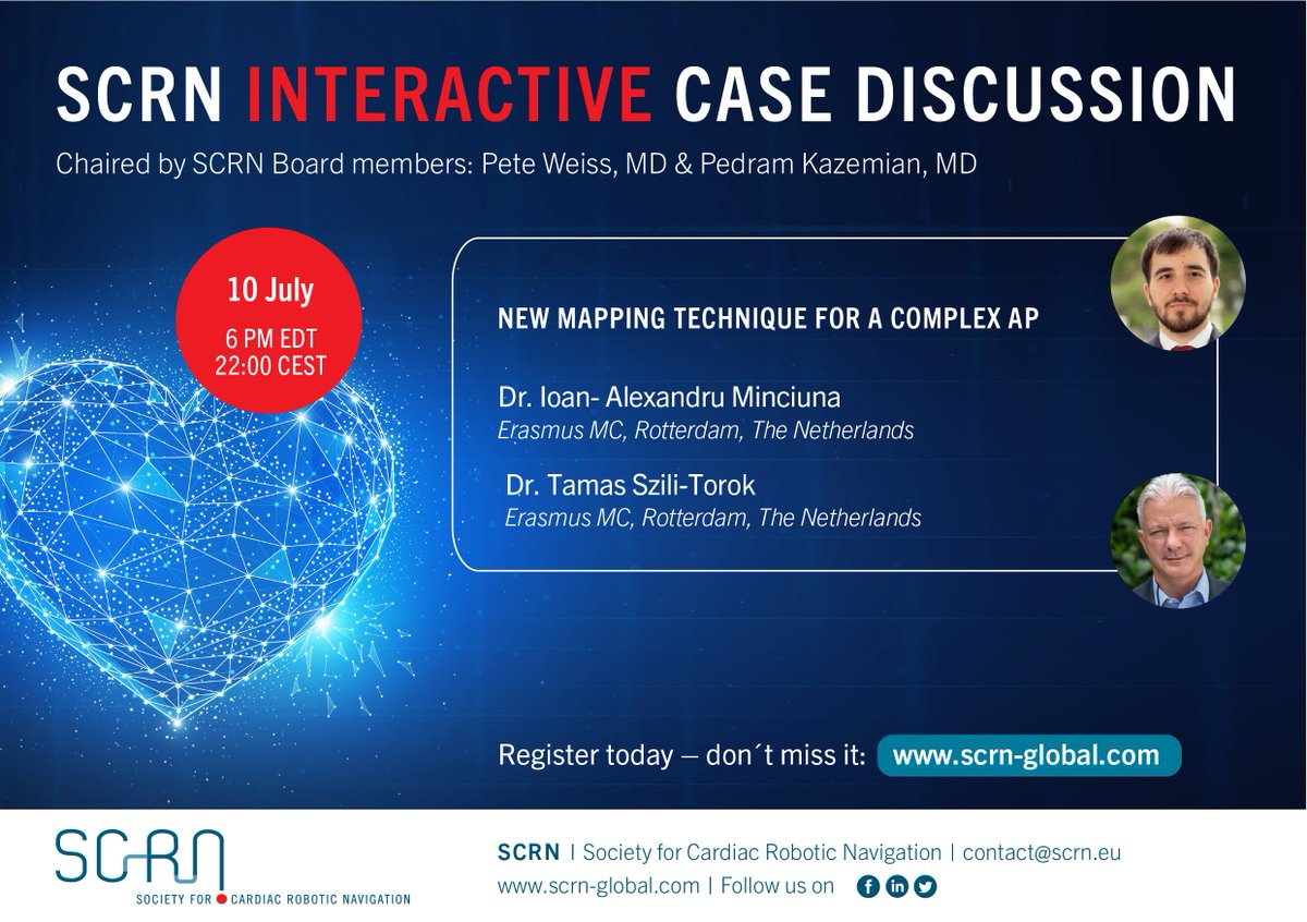 10th of July! Watch live: The next Interactive Case Discussion by Ioan-Alexandru Minciuna & Tamas Szili-Torok from Erasmus MC, Rotterdam The Netherlands
Register for your free access: lnkd.in/g2RCd3BY

#epeeps #cardiotwitter #robotics