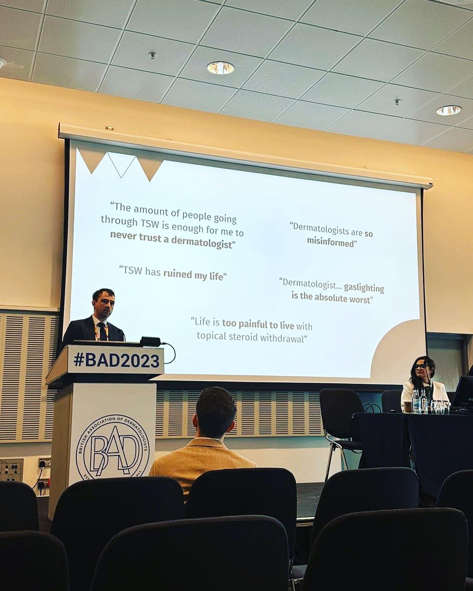 JonnyGucks's tweet photo. Loved presenting to the #BAD2023 #psychodermatology SIG about Topical Steroid Withdrawal. An area of significant need, dermatologists must be braver in engaging with #SocialMedia &amp; listen to patients. https://t.co/yX8vN5Hoob