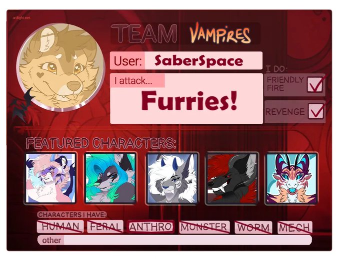 Here is my information card for #ArtFight I am #teamvampires this year, because I'm sure 95% of #furries<a href="/tag/artfight"class="tags">#ArtFight</a><a href="/tag/furries"class="tags"><span>#furries</span></a><a href="/tag/teamvampires"class="tags"><span>#teamvampires</span></a><a href="/tag/teamwerewolves"class="tags"><span>#teamwerewolves</span></a>