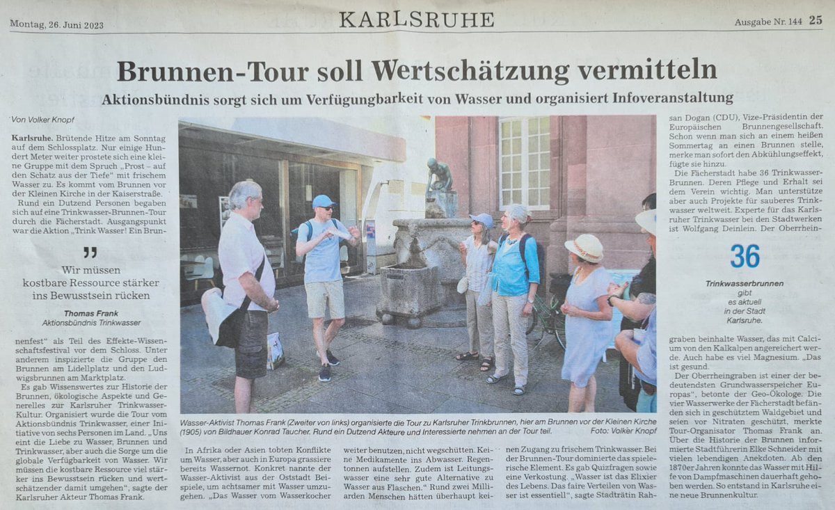 artonaut_82's tweet photo. Vielen Dank an Volker Knopf von den @BNN_BaNeuNa für den tollen Bericht über unser #trinkbrunnenfest "Trink Wasser! Ein Brunnenfest" in #Karlsruhe ! https://t.co/qulFwS3kVC