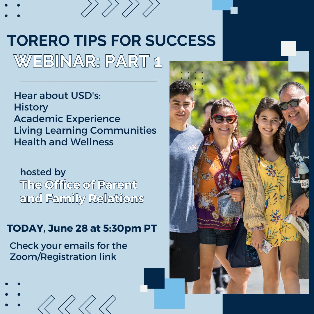 USDAdmissions's tweet photo. 2027 Toreros! See you tonight at 5:30pm PT for our Torero Tips for Success: Part 1 webinar. The registration link will also serve as your link to log on. https://t.co/qzeI4ZqdJJ