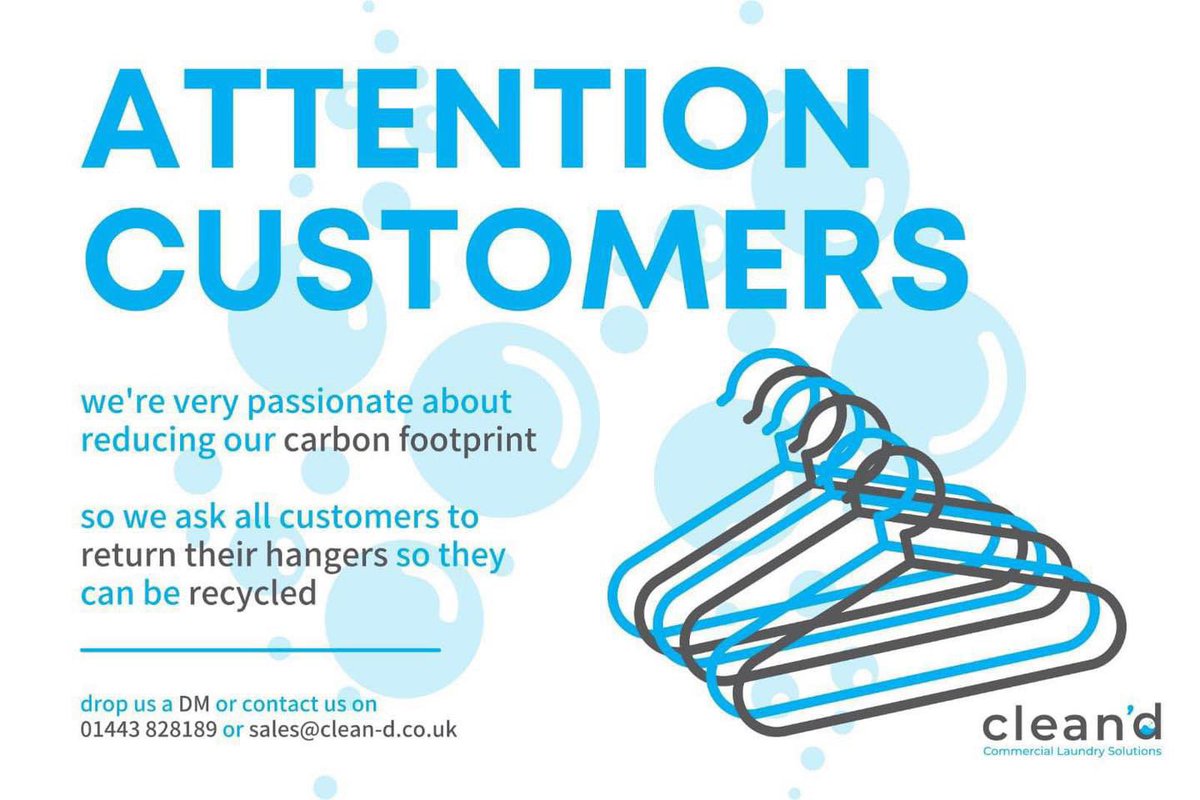 ♻️HELP US HELP THE PLANET♻️

We’re very conscious about our carbon footprint &amp; how our business affects the planet. As part of the we ask all our customers to return any hangers so they can be recycled

For a FREE quote drop us a DM, call 01443 828189 or email sales@clean-d.co.uk