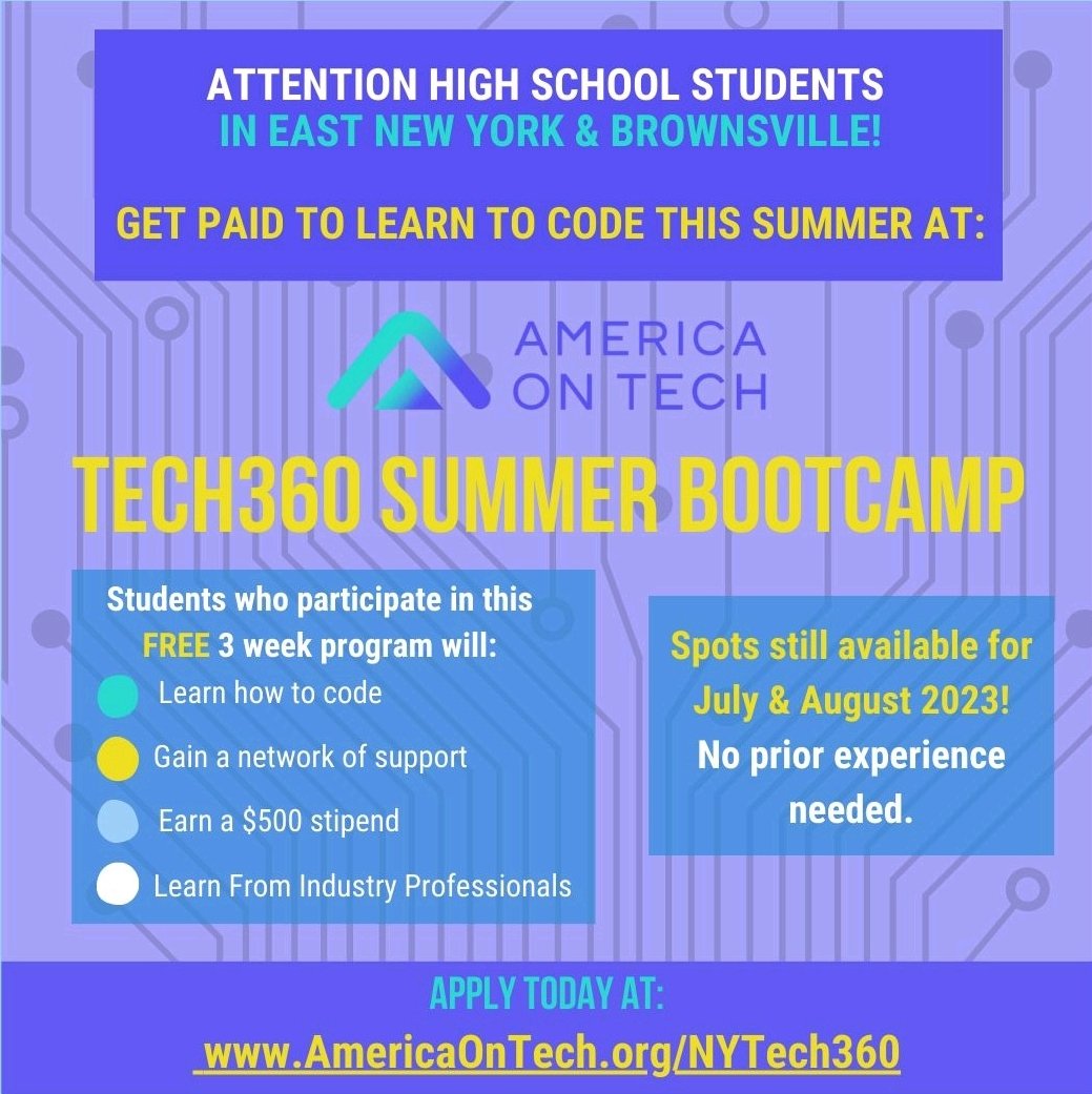 teneikaask_you's tweet image. If you&apos;re in New York and you know of or have a high school student - they can begin exploring the world of tech in this bootcamp! They&apos;ll even be provided a $500 stipend to learn web development, explore varying areas of tech and build projects!

americaontech.org/nytech360.html