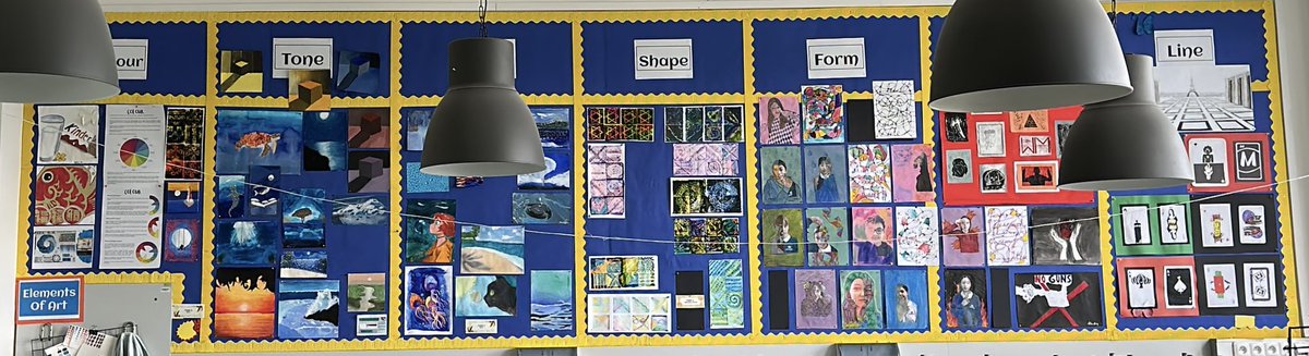 Middle School Art Wall! Elements of art utilised in these beautiful examples this year! Feeling proud 🥰