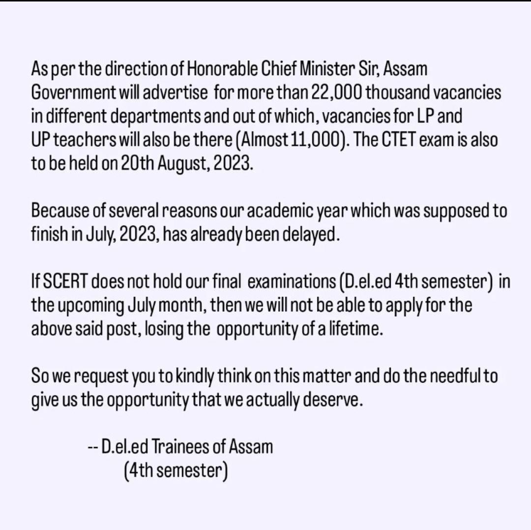 Shabreen123's tweet photo. Conduct our exams (SCERT, D.el.ed 4th Semester, Final Examination) in July-August otherwise we'll lose a lifetime opportunity or opportunity to apply for upcoming recruitment.

@himantabiswa 
@ranojpeguassam 
@CMOfficeAssam 

#SCERTassam
#SCERT #Assam
#PreponeDeledexam https://t.co/WTOeyO5BaV
