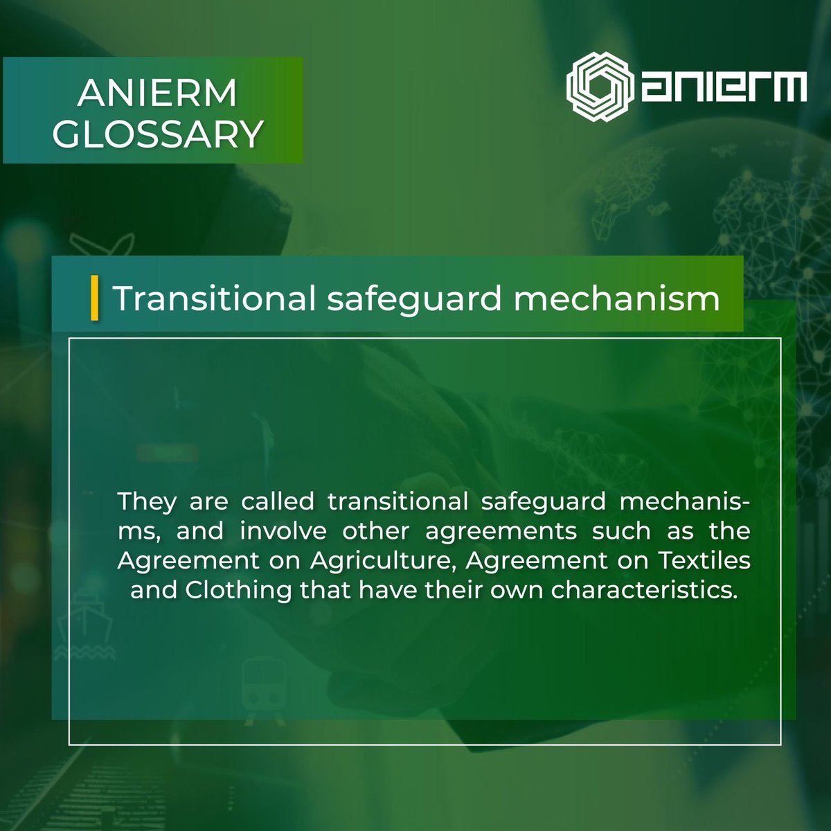 🤔🤔🤔
Do you know the meaning of transitional safeguard mechanism? 📦📝📦

In our "ANIERM Glossary" we tell you the definition.

#ANIERM #YourGlobalLink #Glossary #Commodity #GATT #TransitionalSafeguardMechanism