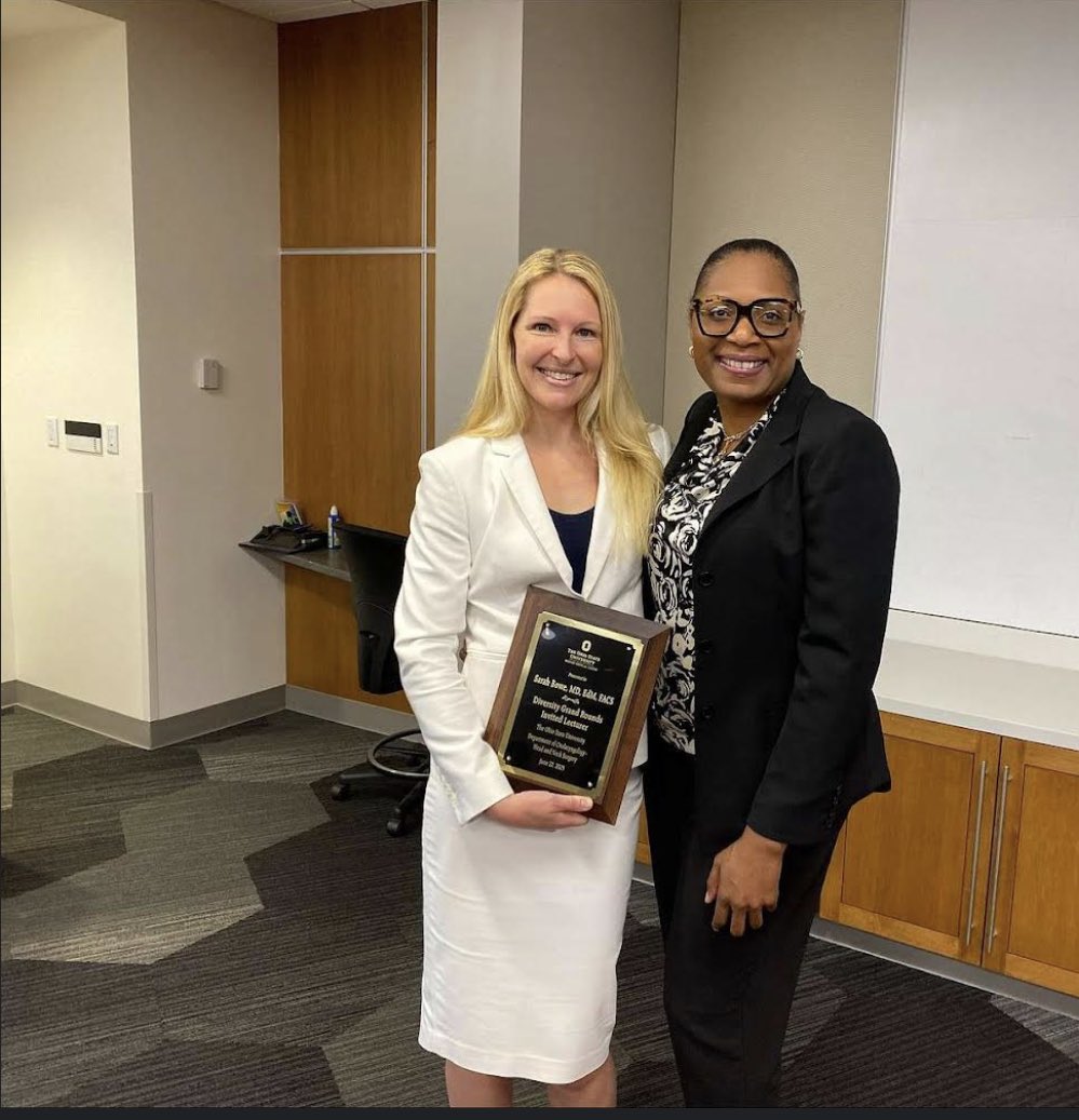 OhioStateENT's tweet photo. We would like to thank Sarah Bowe, MD, EdM  for serving as our ground rounds speaker on June 22! Here she is pictured with Minka Schofield, MD, MPH, professor and vice chair of Diversity, Equity and Inclusion in the Department of Otolaryngology. 

#ohiostateent #osuwexmed https://t.co/x8H9r70L7l