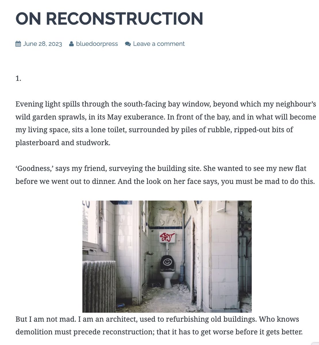 Blue Door Press (@bluedoorpress) on Twitter photo A fabulous new essay in our series of 'Personal Essays'. This one, by <a href="/annabelchown1/">Annabel Chown</a> draws on the writer's challenging experiences of illness, to write about reconstruction in many senses of the word – from buildings to the body to re-constructing a life. bluedoorpress.co.uk/category/perso… A fabulous new essay in our series of 'Personal Essays'. This one, by <a href="/annabelchown1/">Annabel Chown</a> draws on the writer's challenging experiences of illness, to write about reconstruction in many senses of the word – from buildings to the body to re-constructing a life. bluedoorpress.co.uk/category/perso…