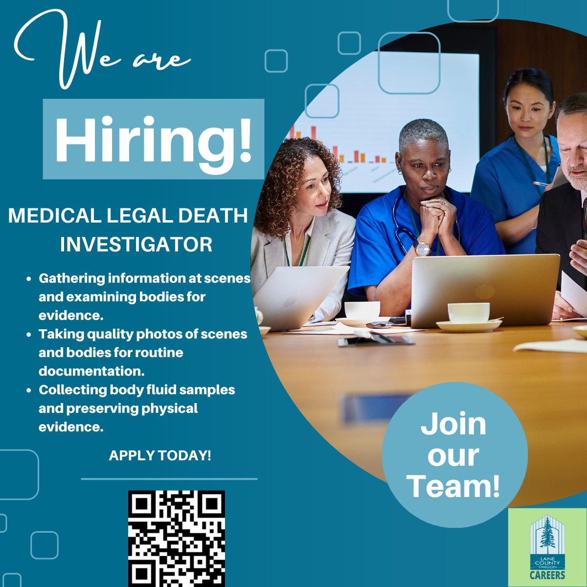 Lane County is HIRING a Medical-Legal Death Investigator to join our Team! Have investigative experience and a degree in biology, chemistry, or pharmacology? APPLY TODAY!
#LaneCountyGov #hiring #GovJobsRule #MedicalDeathInvestigations #ForensicJobs #MedicalExaminerJobs #GovJobs