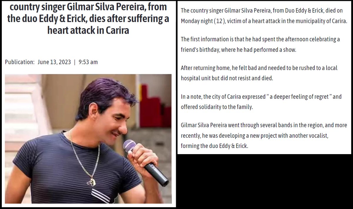 A young Brazilian country singer Gilmar Silva Pereira died suddenly on June 12, 2023 from a heart attack.

He had done a show at a friend's birthday, started to feel unwell and was rushed to the hospital where he died.

Many musicians dying lately!

#DiedSuddenly #cdnpoli #ableg