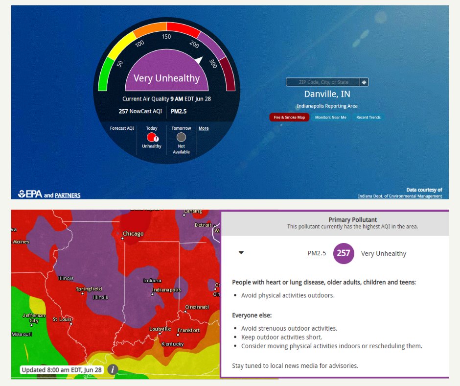 Air Quality Alert: Today, Hendricks County is currently at 257 AQI (Air Quality Index) as of 9AM. People with heart or lung disease, older adults, children &amp; teens should avoid outdoor activities. Visit airnow.gov or stay tuned to local news for updated advisories.