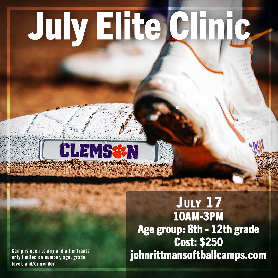 Come see us next month!! Reserve your spot at johnrittmansoftballcamps.com!! <a href="/clemsonsoftball/">Clemson Softball 🥎</a>
