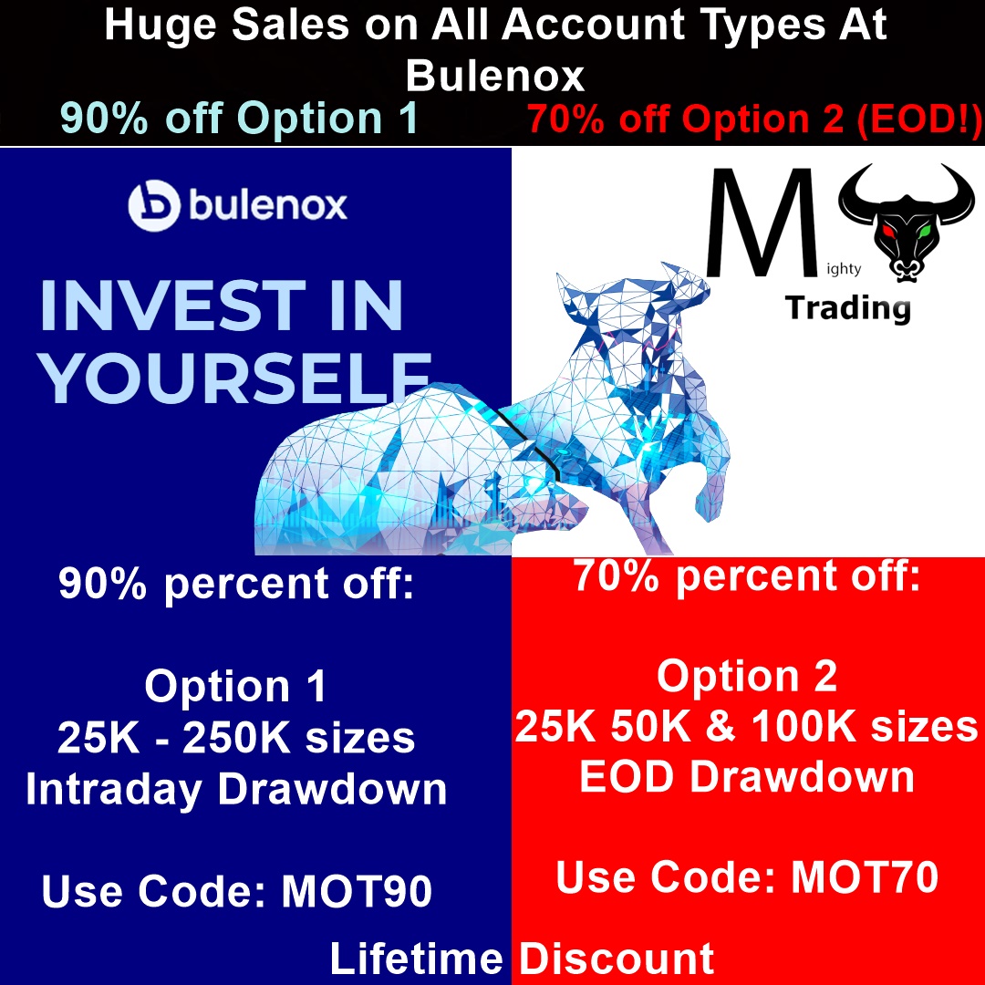 Bulenox with 2 HUGE sales. 90% off All Option 1. 70% off 25K, 50K and 100K Option 2 EOD.  Pick up one or a bunch!     
Use Codes: MOT70 or MOT90      

 bit.ly/motbulenox

#getfunded #daytrading #propfirm #futures