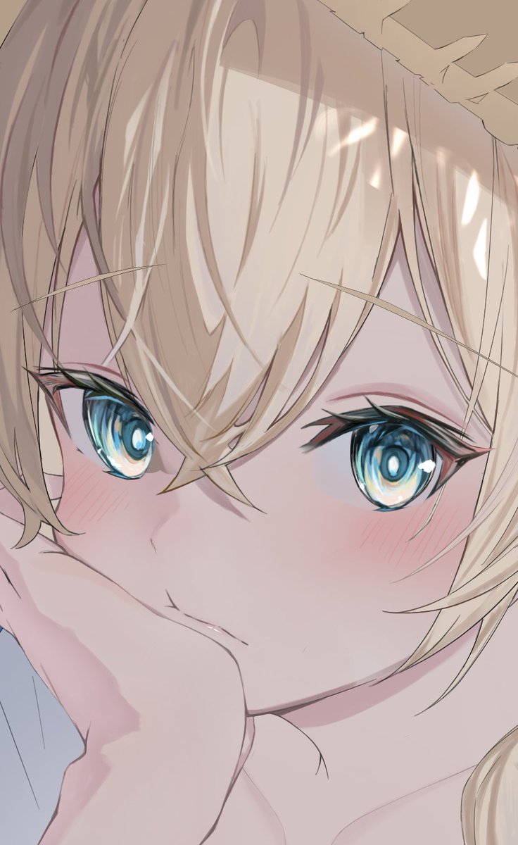 kazama iroha 1girl solo blonde hair looking at viewer blush blue eyes head rest  illustration images