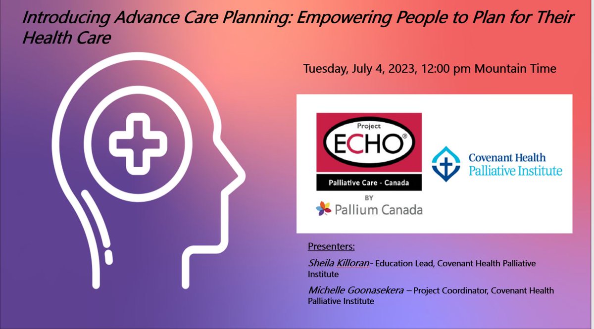 Join our 1st Plan Ahead Alberta virtual session to learn how to facilitate #AdvanceCarePlanning educational sessions in your community.

Register here: albertahealthservices.zoom.us/meeting/regist… 

#ProjectECHO #ACP