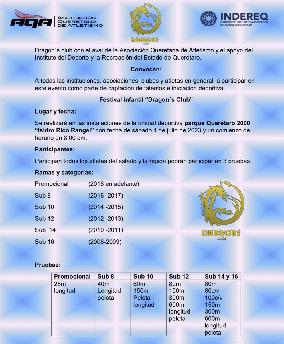 AQAqro's tweet photo. Convocatoria: Festival infantil Dragon’s club ¡Participa! 🐉🐲#SomosAtletas https://t.co/zNey2gEuCR