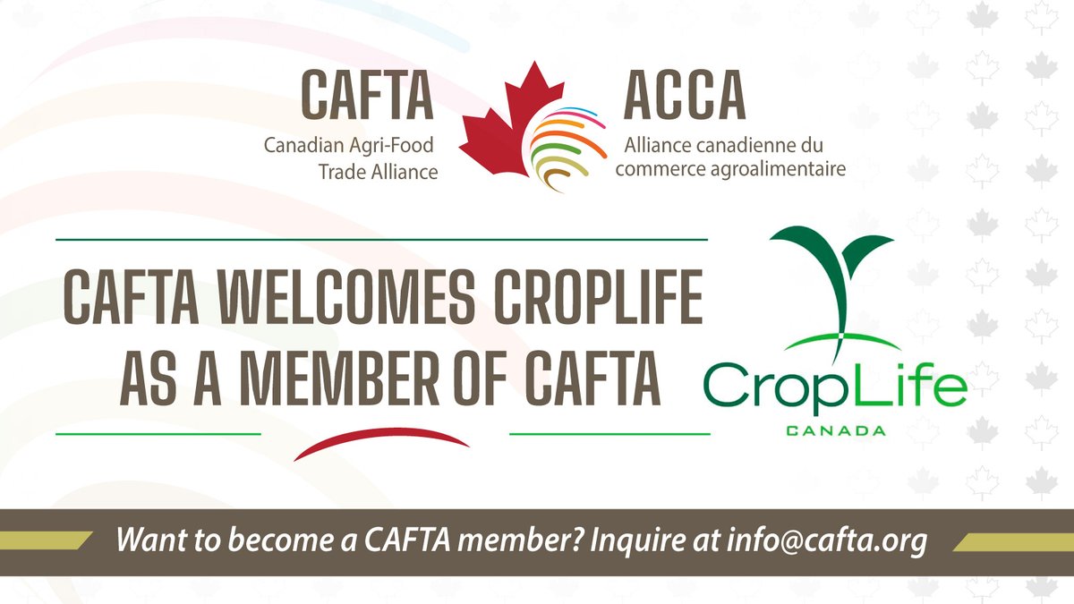 CAFTA is pleased to announce the addition of 2 new members: <a href="/CropLifeCanada/">CropLife Canada</a> &amp; <a href="/Soy_Canada/">Soy Canada</a> 

These new members complement our diverse board &amp; strengthen our alliance to advocate for free &amp; open trade 🇨🇦🚜🌏

Read our statement: cafta.org/front-page-new…

#cdnag #cdnpoli #cdntrade