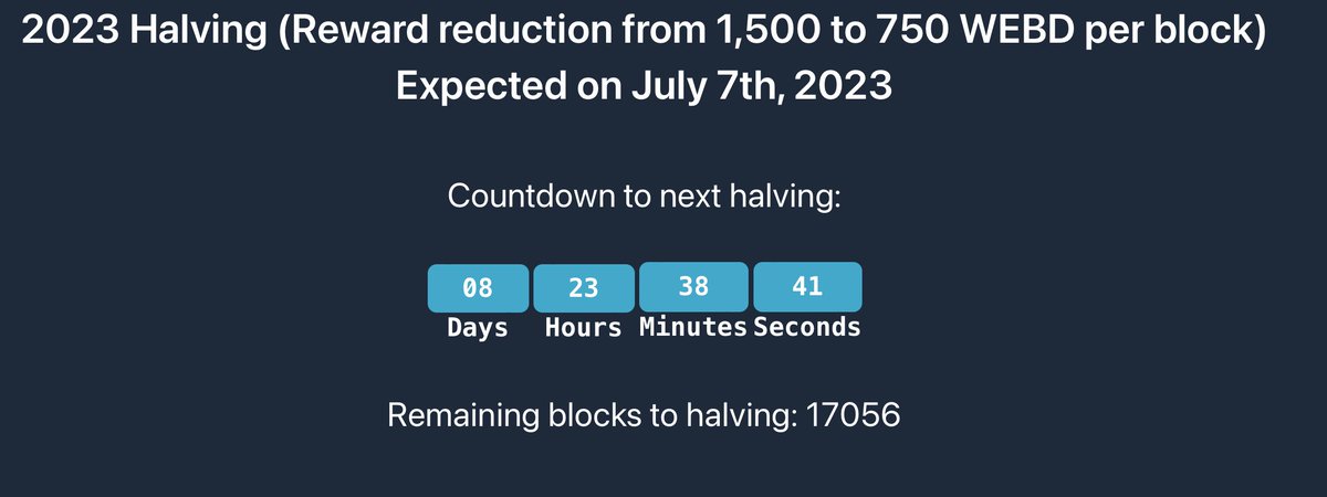 ⏰ Tick-tock! Only 8 days left until #Webdollar Halving⏳ 

 ⛏️ As we solve the remaining 17,000 x 40 sec blocks, prepare to witness the power of scarcity and the magic of deflation! 🚀 

 #Crypto #Halving #Deflationary #Gems #InvestSmart #WebDollarHalving #Bitcoin #CryptoNews