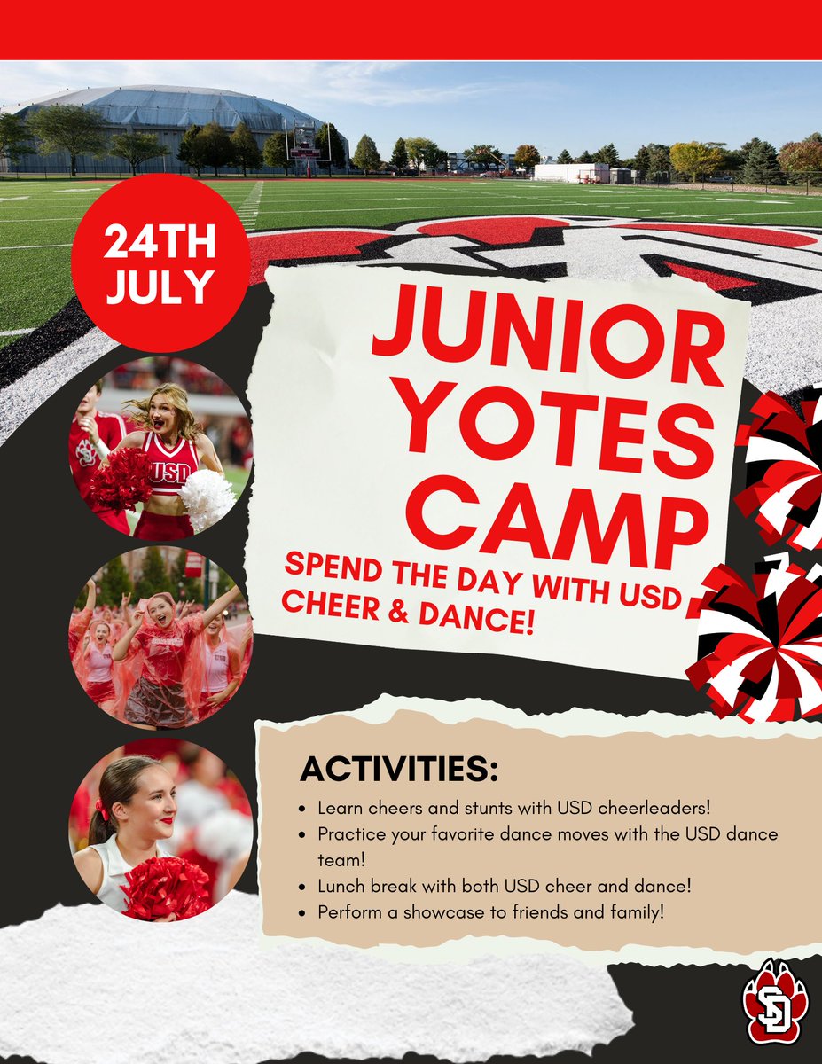 ❗️CALLING ALL FUTURE COYOTE CHEERLEADERS &amp; DANCERS📣 USD Spirit Teams will be hosting a Junior Yotes Spirit Camp JULY 24TH! Learn some stunts and dances with our athletes and end the day with a showcase to your friends and family! 

Sign up here:
eventbrite.com/e/junior-yotes…