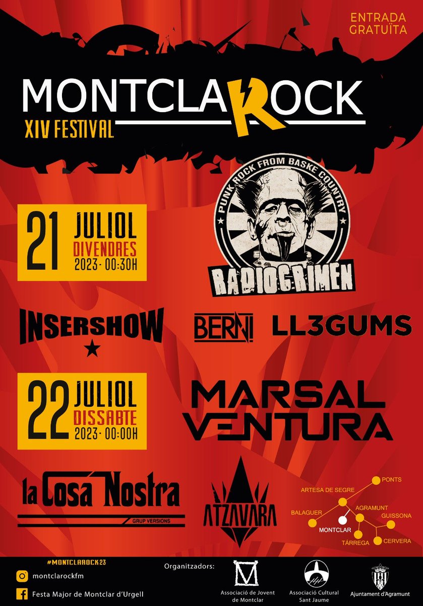 XIV MONTCLAROCK🥳🥳🥳

Música en directe, bon rotllo i de la millor gent, T'HO PERDRÀS?😜 

Vine a liar-la els dies 21 i 22 de JULIOL🍻

US HI ESPEREM!!🎉😜

#festamajor #montclar #montclardurgell #concertscatalunya #montclarock #fiesta #fiestas #party #village #fiesta🎉