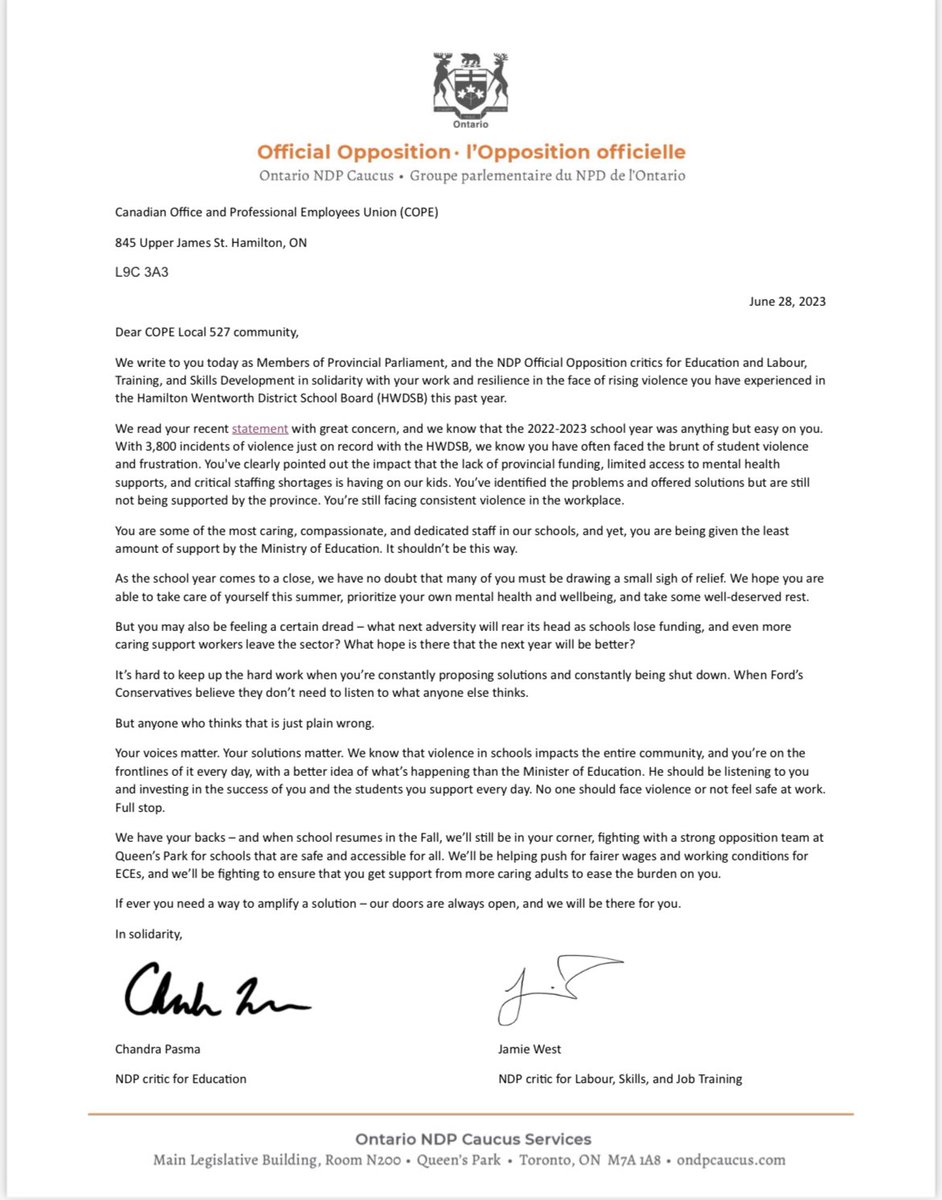 Thank you for your support and recognition @ChandraPasma @jamiewestndp - this is a huge step towards ending the normalization of violence in @hwdsb classrooms. #onted #safeatschool #onpoli #evacuationisNOTeducation 
#safeschools4all
#selfcaresummer