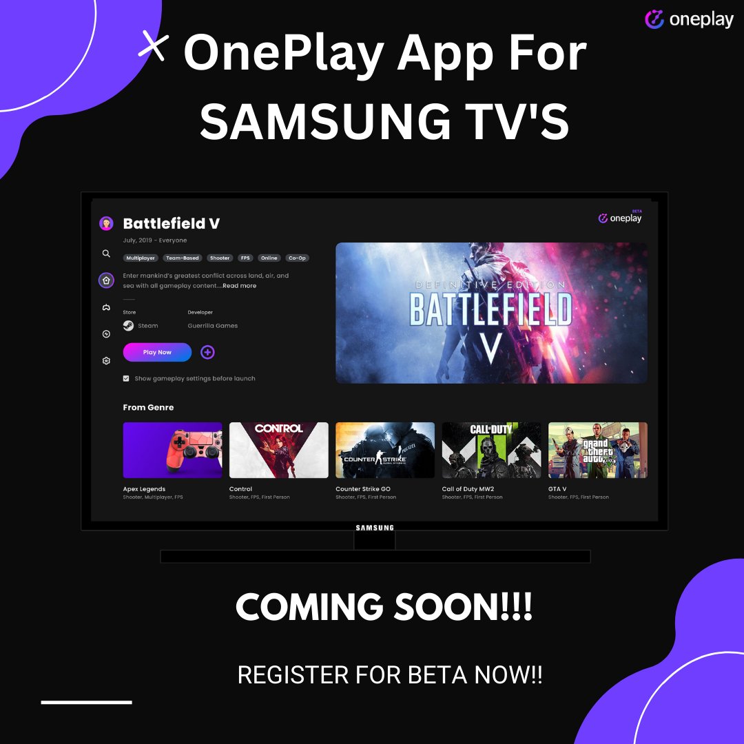 CloudOneplay's tweet photo. ๐ข Exciting news! OnePlay is Now coming soon for Samsung TVs! ๐ฎ๐ Stay tuned for the big announcement and get ready to level up your gaming experience. ๐ #OnePlayCloudGaming #samsunggaming #ComingSoon https://t.co/1mLdsJzTCi