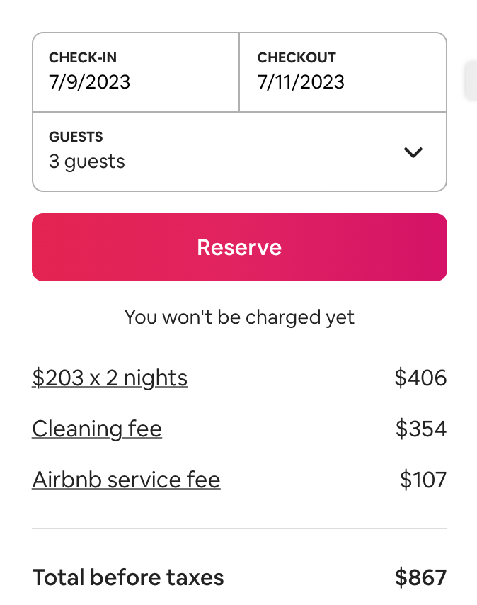 ultrail's tweet photo. @drmistercody @HanaMichels No doubt. I was in the process of booking a place for early next month, and I decided not to, simply because the cleaning fees and service fee exceeded the price of the rental. Two nights @ $203 turns into $864 before taxes? No thanks. https://t.co/Intppq9vnZ
