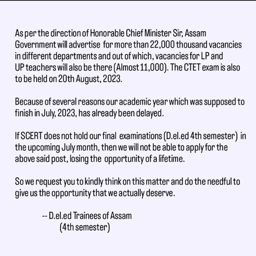 AshimDax's tweet photo. Conduct our exams (SCERT, D.el.ed 4th Semester, Final Examination) in July-August otherwise we'll lose a lifetime opportunity or opportunity to apply for upcoming recruitment.

@himantabiswa 
 
@ranojpeguassam 
 
@CMOfficeAssam 

#SCERTassam
#SCERT #Assam
#PreponeDeledexam https://t.co/jCnRSfPlYU