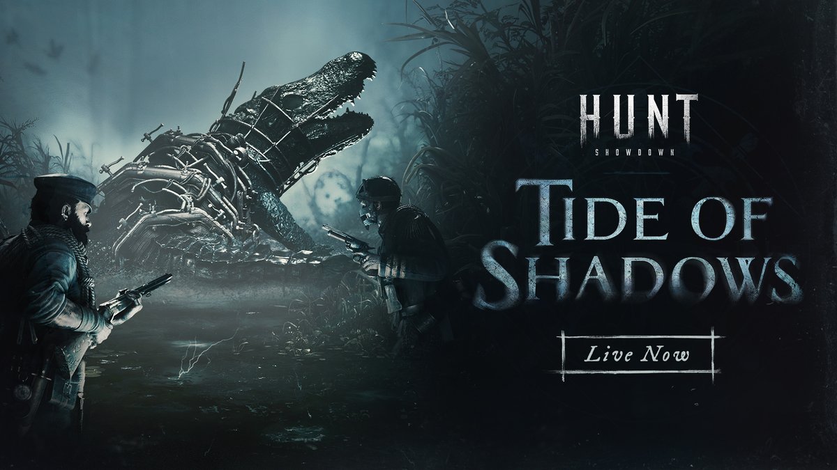 Tide of Shadows has arrived! Brave a new threat, Rotjaw, while the downpour of the Thundershower weighs heavily on your shoulders during @HuntShowdown's deadliest event so far. Learn more about Tide of Shadows- huntshowdown.com/news/take-on-o… #TideOfShadows #HuntShowdown