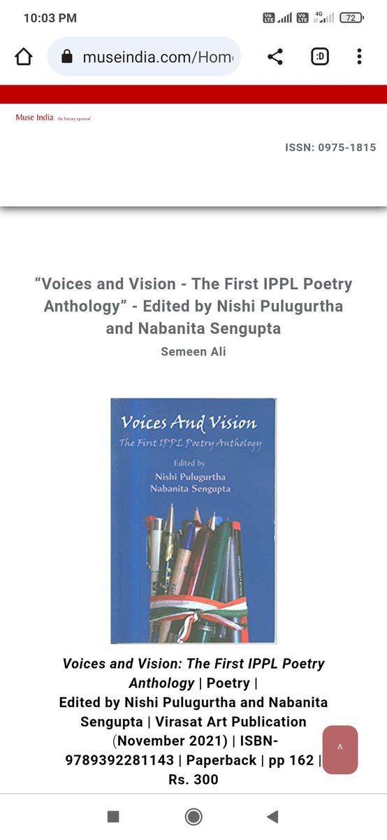 nishipulu's tweet photo. The first review of "Voices and Vision: The First IPPL Anthology" in Muse India.
#poetry
#poetrycommunity
@nabsdg
@amit_shankar
@gopallahiri
https://t.co/37dVTOKgZ4 https://t.co/wrLgGFhQhk