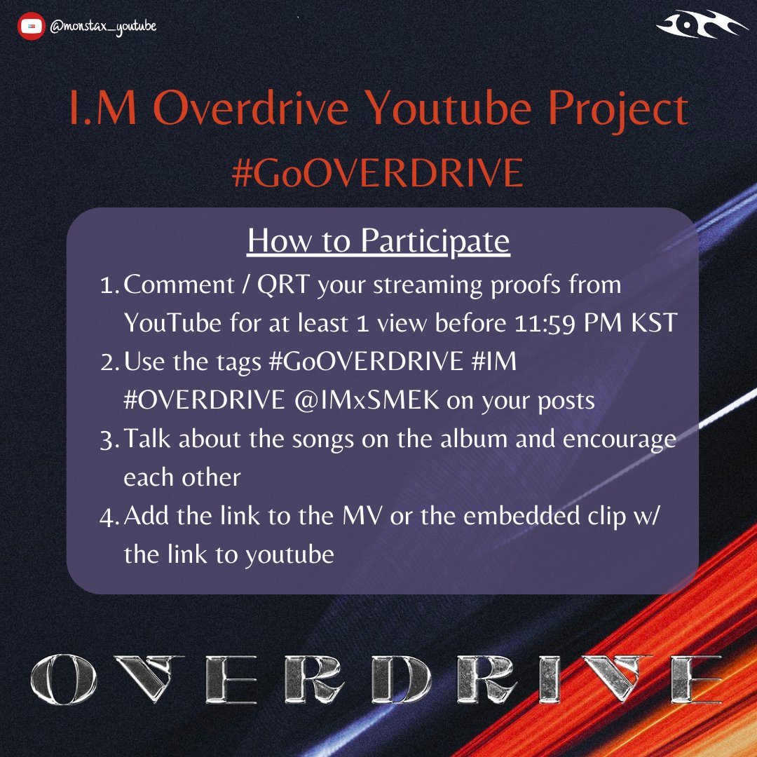 monstax_youtube's tweet photo. [#GoOVERDRIVE 6.29]      

We finally passed 1M, comment/QRT with you watching #IM #OVERDRIVE on Youtube. 

Maybe we need to show Youtube that we're here watching

@IMxSMEK #MONSTAX https://t.co/2LiKcvuCnp