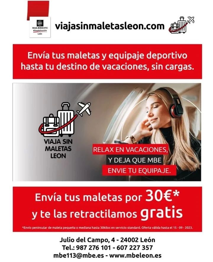 MailBoxes113's tweet image. ¡¡Aprovecha está promoción que tenemos en Mail Boxes Etc. León!!. Envía con nosotros tus maletas o equipaje deportivo a tu destino vacacional y viaja tranquilamente sin cargas y sin preocupaciones. viajasinmaletasleon.com