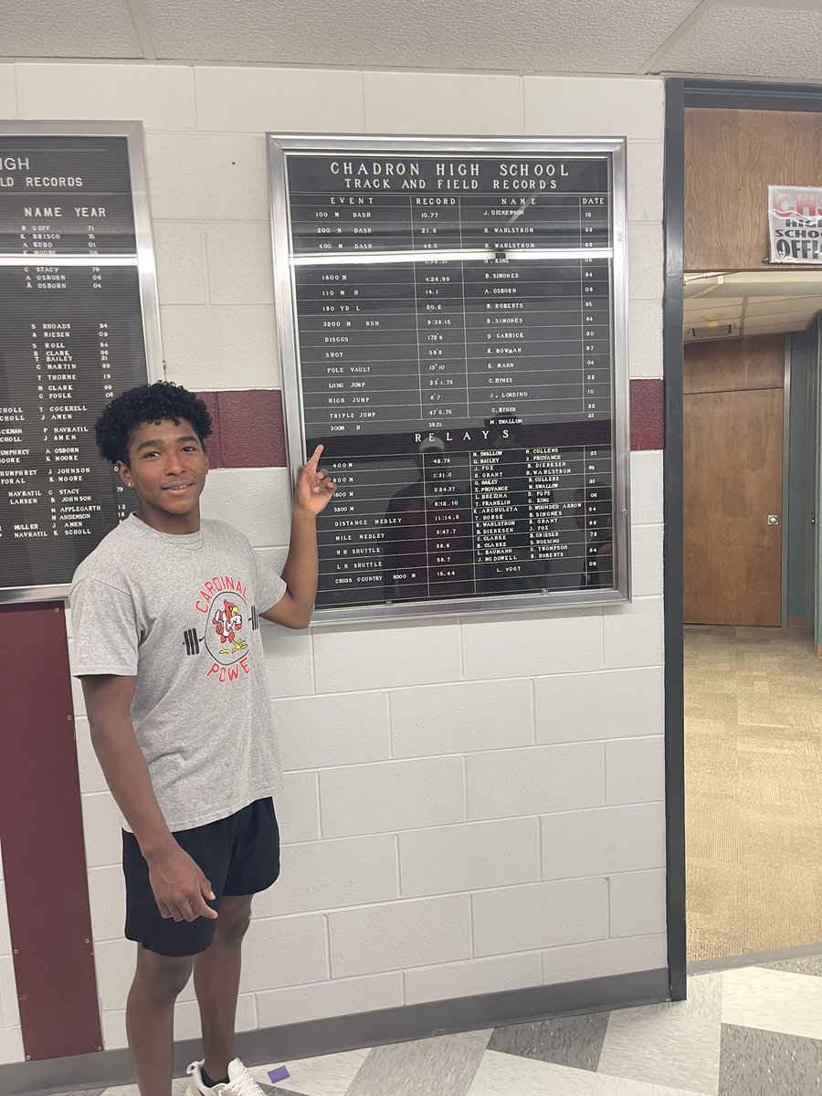 One record that will be here for a long time!!! <a href="/MalachiSwallow/">Malachi Swallow</a> …our new 300 hurdle record holder…38.01!!🔥🔥🔥
So proud of you!! 
<a href="/CPSCardinals/">ChadronPublicSchools</a> <a href="/ChadronHS/">Chadron High School</a>