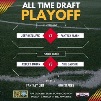 The All Time Draft Playoff is SET

<a href="/JeffRatcliffe/">Jeff Ratcliffe</a> v. <a href="/FantasyAlarm/">Fantasy Alarm</a> 

<a href="/RobertJTurbin/">Robert “Turbo” Turbin</a> v. <a href="/Babchik/">Mike Babchik</a> 

These are some HEAVY HITTERS in the 1st round. 

Make sure to download the GOAT app to follow along! 

<a href="/SiriusXMFantasy/">Fantasy Sports Radio</a>