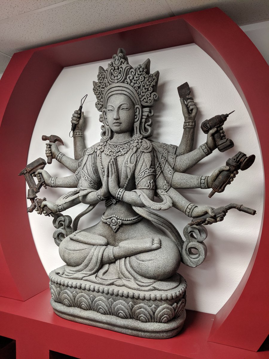 Mike_McDaniel's tweet photo. This playful statue was created for our lobby to replicate aged stone. The fake rusted tools are typical to ones used by our various craftsmen. The statue stands 4 feet tall and weighs only 20 pounds.
#customfabrication #sculpting #fiberglass #scenic #LasVegas #3Dprinting https://t.co/9lSxNg3Ag0