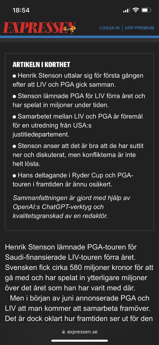 Exemplarisk användning av ChatGPT av <a href="/Expressen/">Expressen</a> med enkla sammanfattningar av artiklar i punktform. Tydligt och transparent 👍