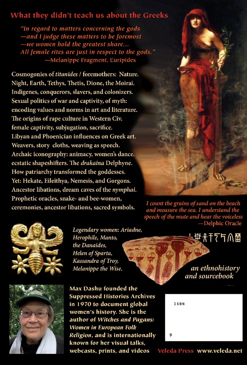 MaxDashu's tweet photo. The back cover (awaiting ISBN and bar code). Topics include: Rape culture in the roots of Western Civ; Gorgons and the Serpent Knot; oracular women; Sexual politics of Athena; the Libyan Connection; weavers, story cloths, texts and textiles; Melanippe the Wise; the "former gods." https://t.co/zzj8AFUXdP