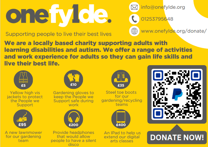 Please donate to support One Fylde - supporting people to live their best lives.

#CommunitySupport #LearningDisabilities #Autism #lifeskills #workexperience #LiveYourBestLife #Blackpool #Fylde #Wyre #Charity #PleaseDonate