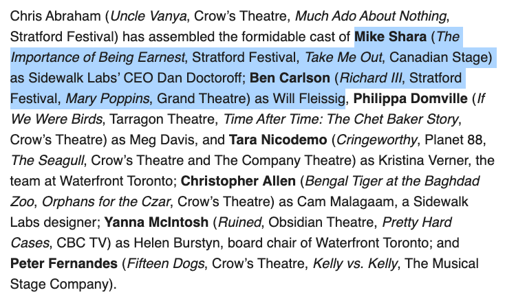 goldsbie's tweet photo. 14 years after their legendary turns as Jack and Algernon in The Important of Being Earnest, Ben Carlson and Mike Shara are set to reunite as another duo of classic farce: Waterfront Toronto's Will Fleissig and Sidewalk Labs' Dan Doctoroff. https://t.co/720iyjNj8O https://t.co/UyblBVoqMi