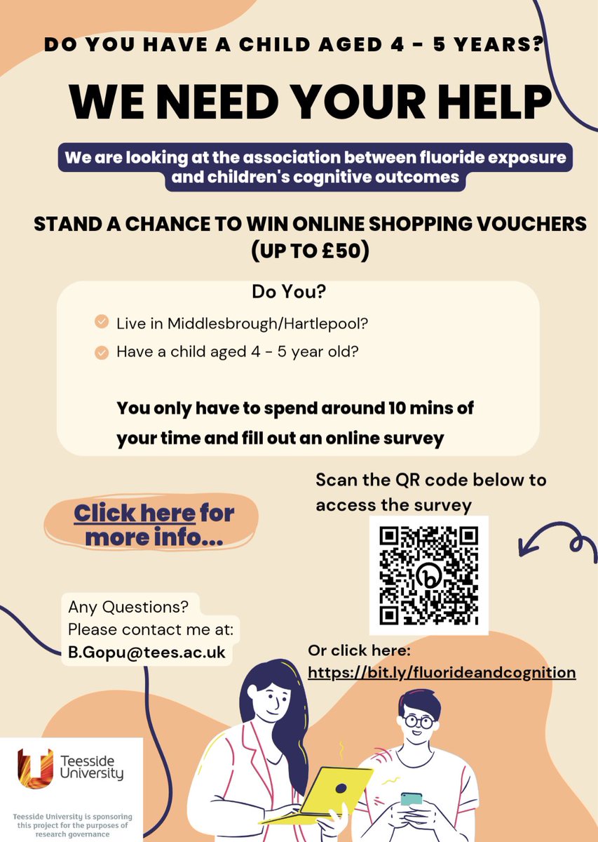 banu_preethi's tweet photo. Have a 👧/👦 who goes to reception year in Middlesbrough or Hartlepool? Help our fluoride research by filling out a quick survey and stand a chance to win one of 11 Amazon vouchers. Click here https://t.co/NOw23yt9O6 or see below for more info. .@TeesUniResearch .@hsciResearch https://t.co/Gu1fqpGxtL