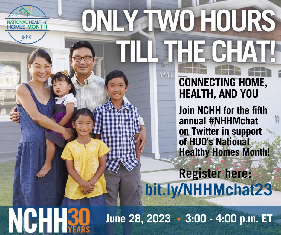 NCHH's tweet photo. Just TWO HOURS till our fifth annual #NHHMchat! Last year's chat was great, but you can make this one EVEN BETTER, just by visiting!
Sign up: https://t.co/eAc2zukypA
#NHHM23 #HUDHealthyHomes #PublicHealth #HealthyHousing #EnvironmentalHealth #Asthma #LeadPoisining #HealthEquity https://t.co/BnnUgq3gXy