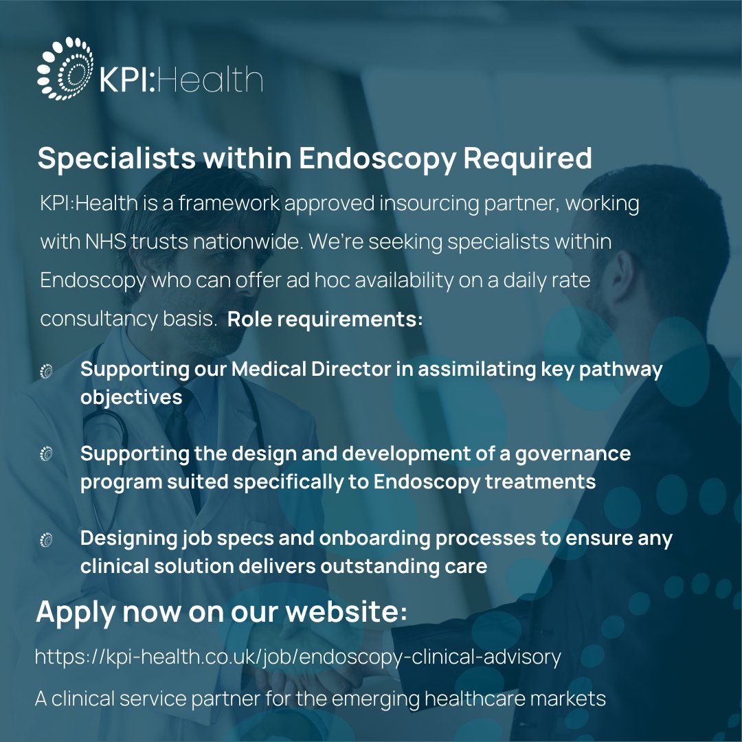 KPI Health (@kpihealth) on Twitter photo KPI:Health are now seeking specialists within Endoscopy (Outside IR35)
Job Location: Nationwide
Salary: £650 per day (outside of IR35)
💻 kpi-health.co.uk/job/endoscopy-…
✉️ Jack.smith@kpi-health.co.uk
#healthcare #recruitment #jobposting #endoscopy #endoscopyspecialists KPI:Health are now seeking specialists within Endoscopy (Outside IR35)
Job Location: Nationwide
Salary: £650 per day (outside of IR35)
💻 kpi-health.co.uk/job/endoscopy-…
✉️ Jack.smith@kpi-health.co.uk
#healthcare #recruitment #jobposting #endoscopy #endoscopyspecialists