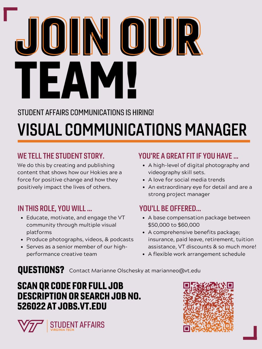 StudentsAtVT's tweet photo. 📸 Have experience with visual communications, photography and videography?

🧡 Looking to join a high-performing creative team, tell stories, and lead digital projects?

Apply to our Visual Communications Manager role! Visit: https://t.co/WmM34IGg9Y https://t.co/SZY57iZwxS