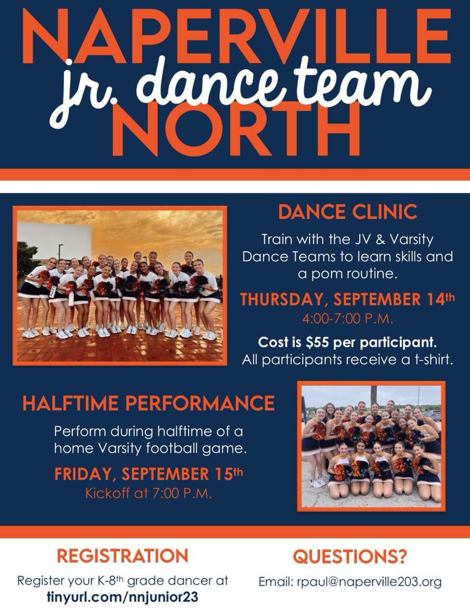 ⭐️Jr. Dance Team 2023⭐️

Register for an opportunity to learn new skills and perform with the dance team at a Varsity home football game!! We cannot wait to dance with you!!