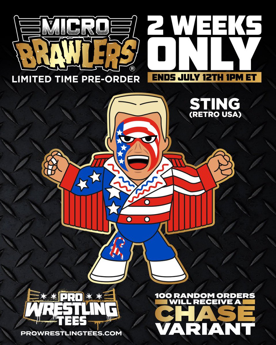 Pre-Order Now! 
Sting USA retro Micro Brawler
2 Weeks only! 100 random orders will receive a chase variant. 

pwtees.co/3ptKTEY

🇺🇸🦂🇺🇸🦂🇺🇸🦂🇺🇸🦂🇺🇸🦂🇺🇸🦂
@Sting @aew @shopaew 
#sting #prowrestlingtees #pwt #shopaew #retro #microbrawler #microbrawlers